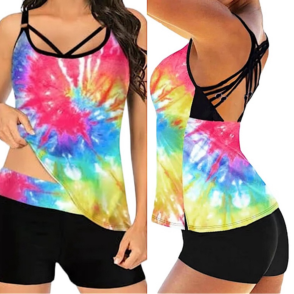Multi Color Tie-Dye Print Two Piece Tankini & Swim Shorts Swimsuit -Size XL